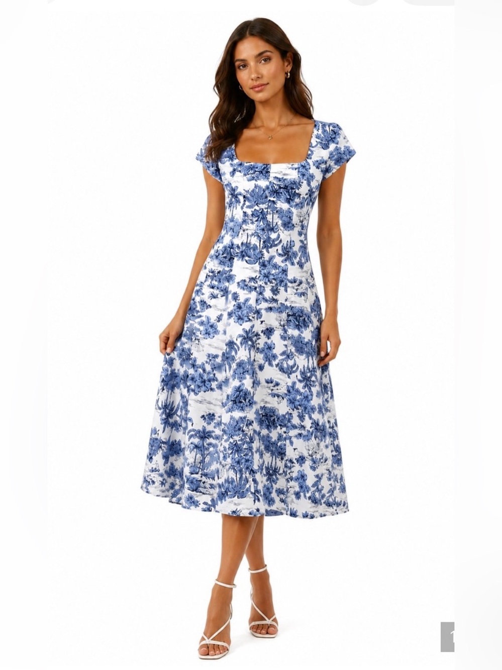 Joie Blue Floral Square-Neck Midi Dress